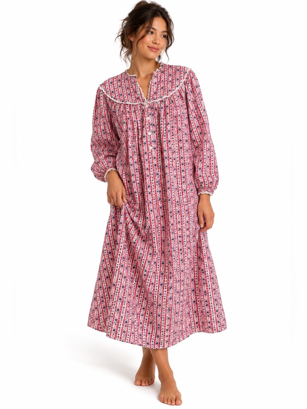 Vintage Lanz of Salzburg Nightgown M Floral Stripe Prairie Cottagecore Granny